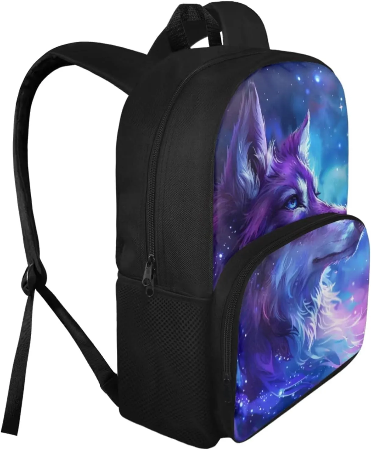 Aesthetic Galaxy Wolf Backpack for Girls Kids Backpack with Lunch Box and Fabric Pencil Pouch 3Pcs Set 15" Sturdy Bookbag with Front Pocket for School Large Capacity Kindergarten School Bag