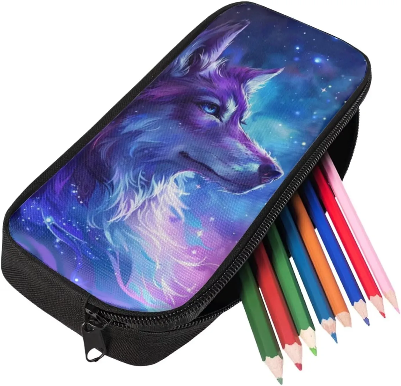 Aesthetic Galaxy Wolf Backpack for Girls Kids Backpack with Lunch Box and Fabric Pencil Pouch 3Pcs Set 15" Sturdy Bookbag with Front Pocket for School Large Capacity Kindergarten School Bag