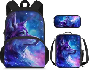 Aesthetic Galaxy Wolf Backpack for Girls Kids Backpack with Lunch Box and Fabric Pencil Pouch 3Pcs Set 15" Sturdy Bookbag with Front Pocket for School Large Capacity Kindergarten School Bag