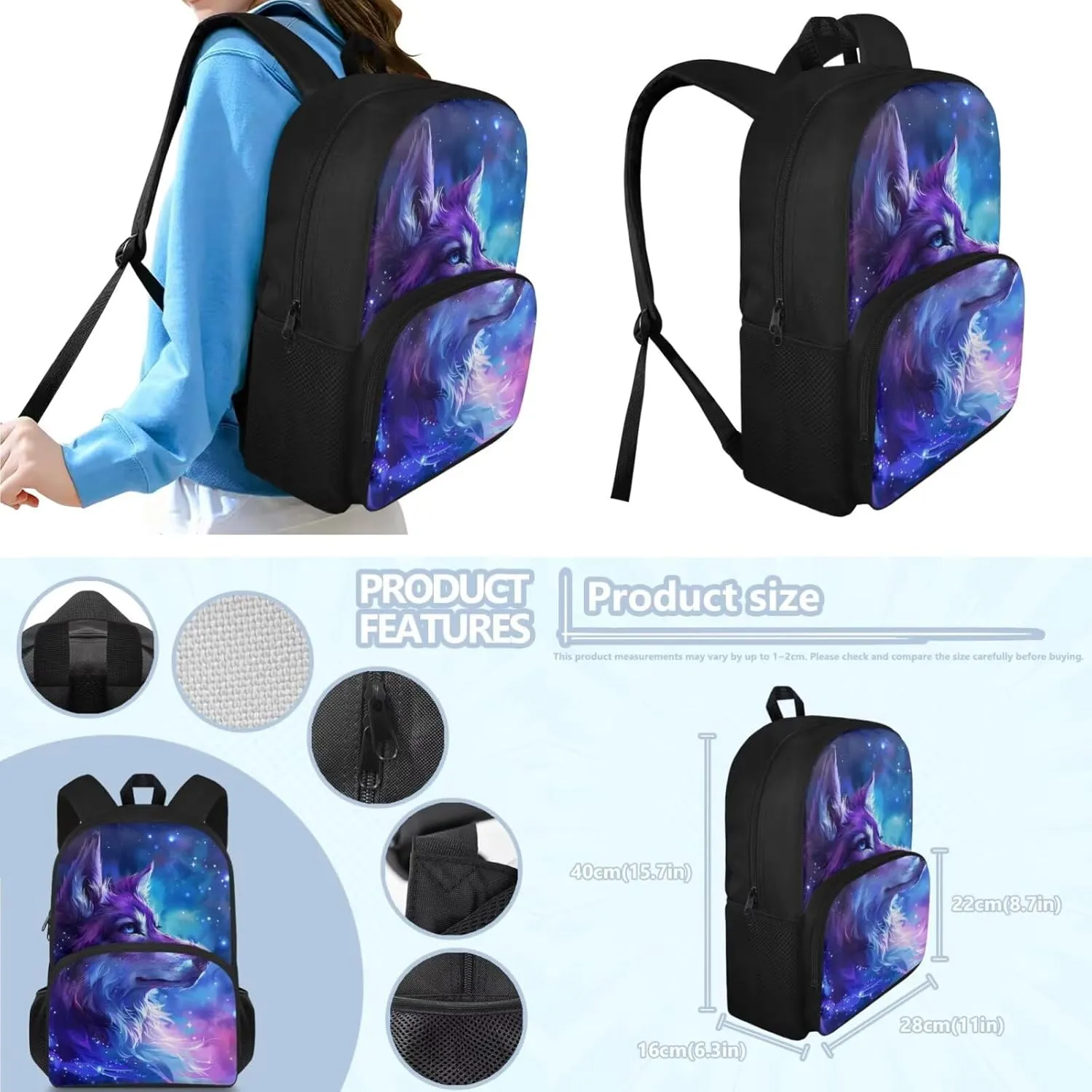 Aesthetic Galaxy Wolf Backpack for Girls Kids Backpack with Lunch Box and Fabric Pencil Pouch 3Pcs Set 15" Sturdy Bookbag with Front Pocket for School Large Capacity Kindergarten School Bag