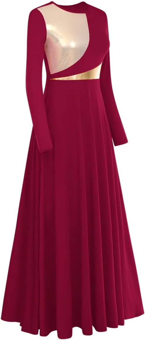 AFAVOM Women Metallic Color Block Praise Dance Dress Full Length Long Sleeve Worship Liturgical Lyrical Dancewear Costume