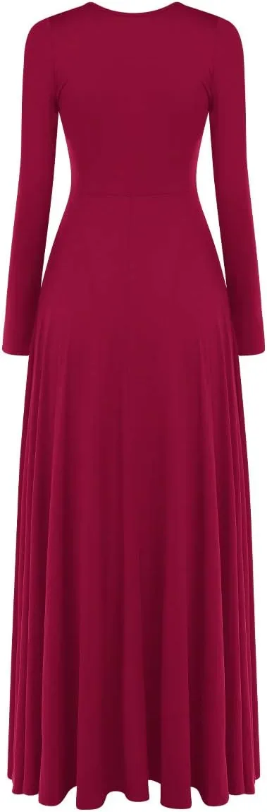 AFAVOM Women Metallic Color Block Praise Dance Dress Full Length Long Sleeve Worship Liturgical Lyrical Dancewear Costume
