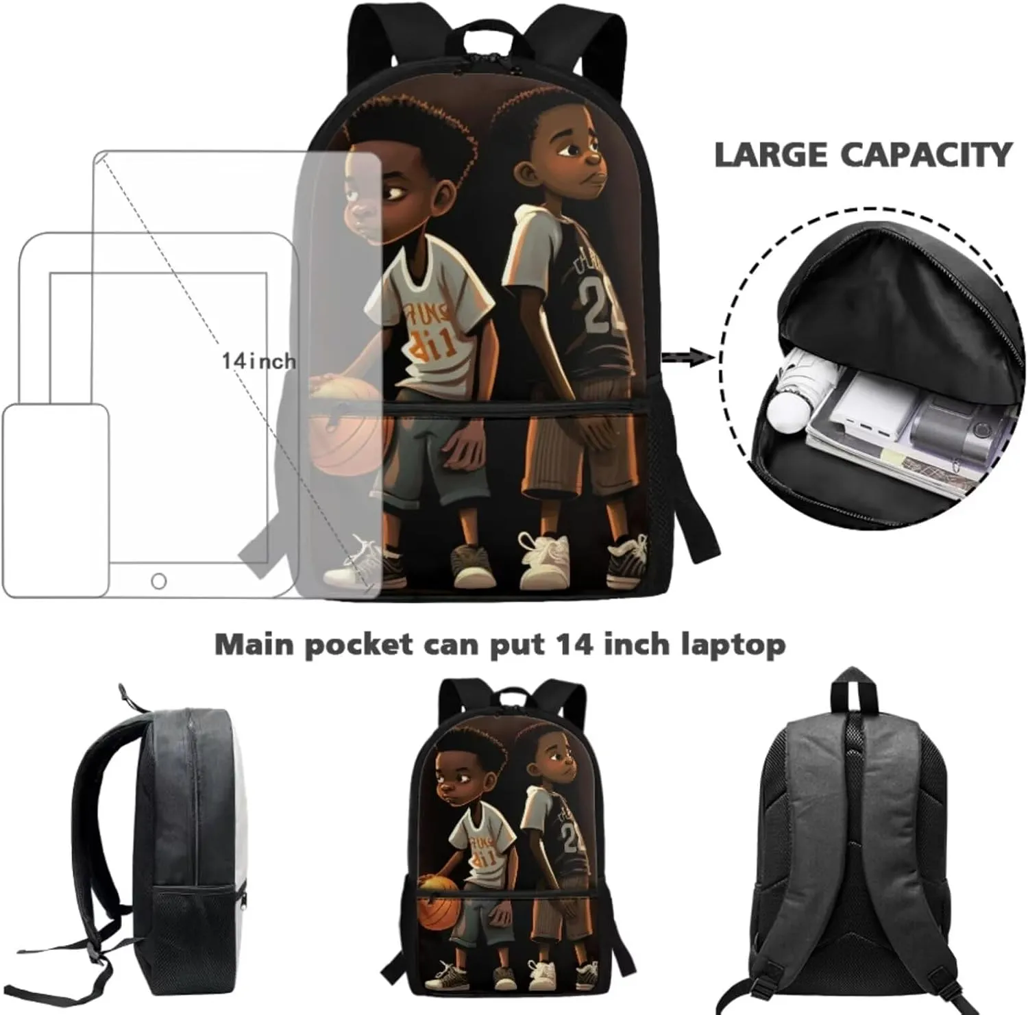 African Boy Bookbag and Lunch Box Set for Boys 6-8 Basketball Kids School Backpack with Water Bottle Holder for Elementary School Chlidren Back to School Gift