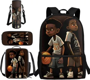 African Boy Bookbag and Lunch Box Set for Boys 6-8 Basketball Kids School Backpack with Water Bottle Holder for Elementary School Chlidren Back to School Gift