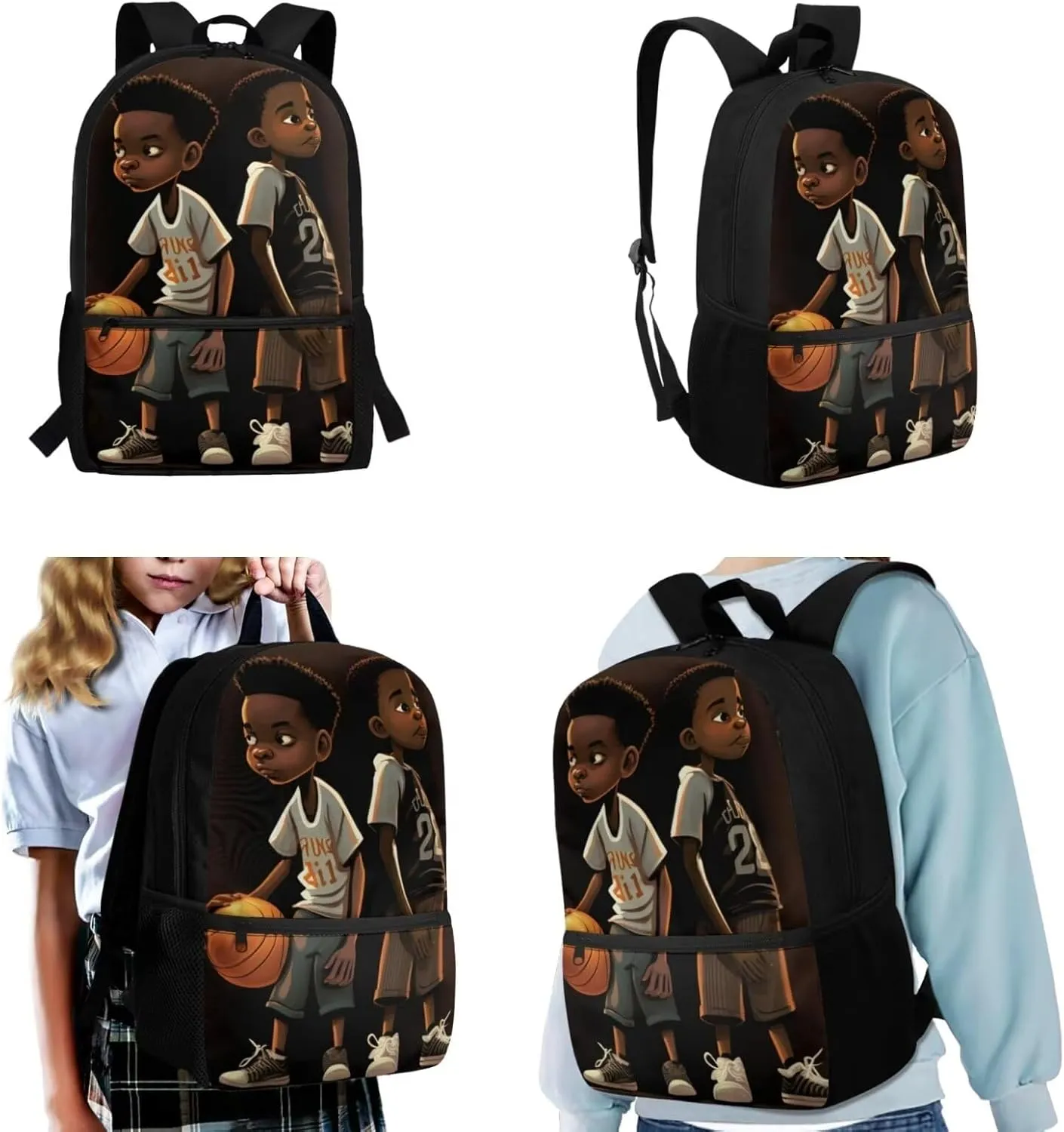 African Boy Bookbag and Lunch Box Set for Boys 6-8 Basketball Kids School Backpack with Water Bottle Holder for Elementary School Chlidren Back to School Gift