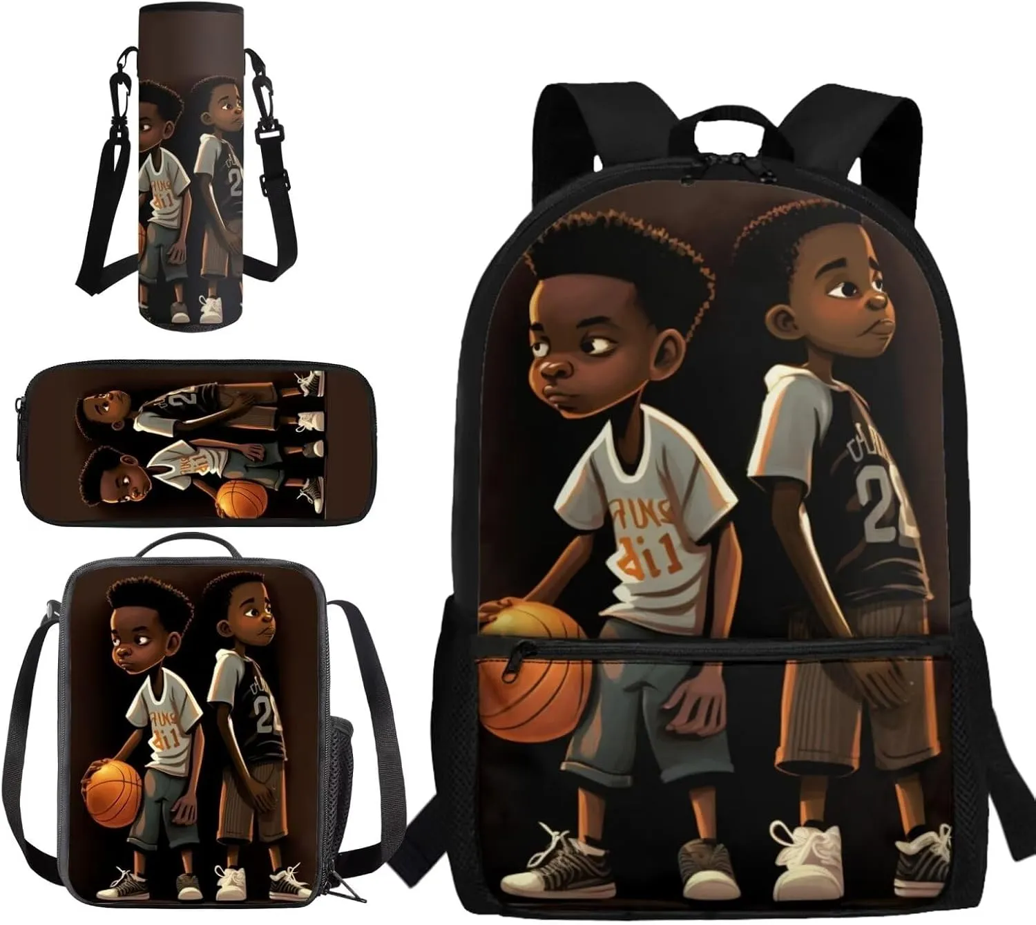 African Boy Bookbag and Lunch Box Set for Boys 6-8 Basketball Kids School Backpack with Water Bottle Holder for Elementary School Chlidren Back to School Gift