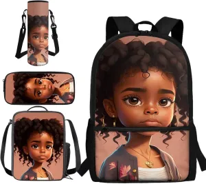 African Girl Kindergarten Backpack for Girls with Lunch Box and Pencil Case Water Bottle Holder Girls Bookbag School Backpack Set for Kindergarten Elementary School 4 In 1