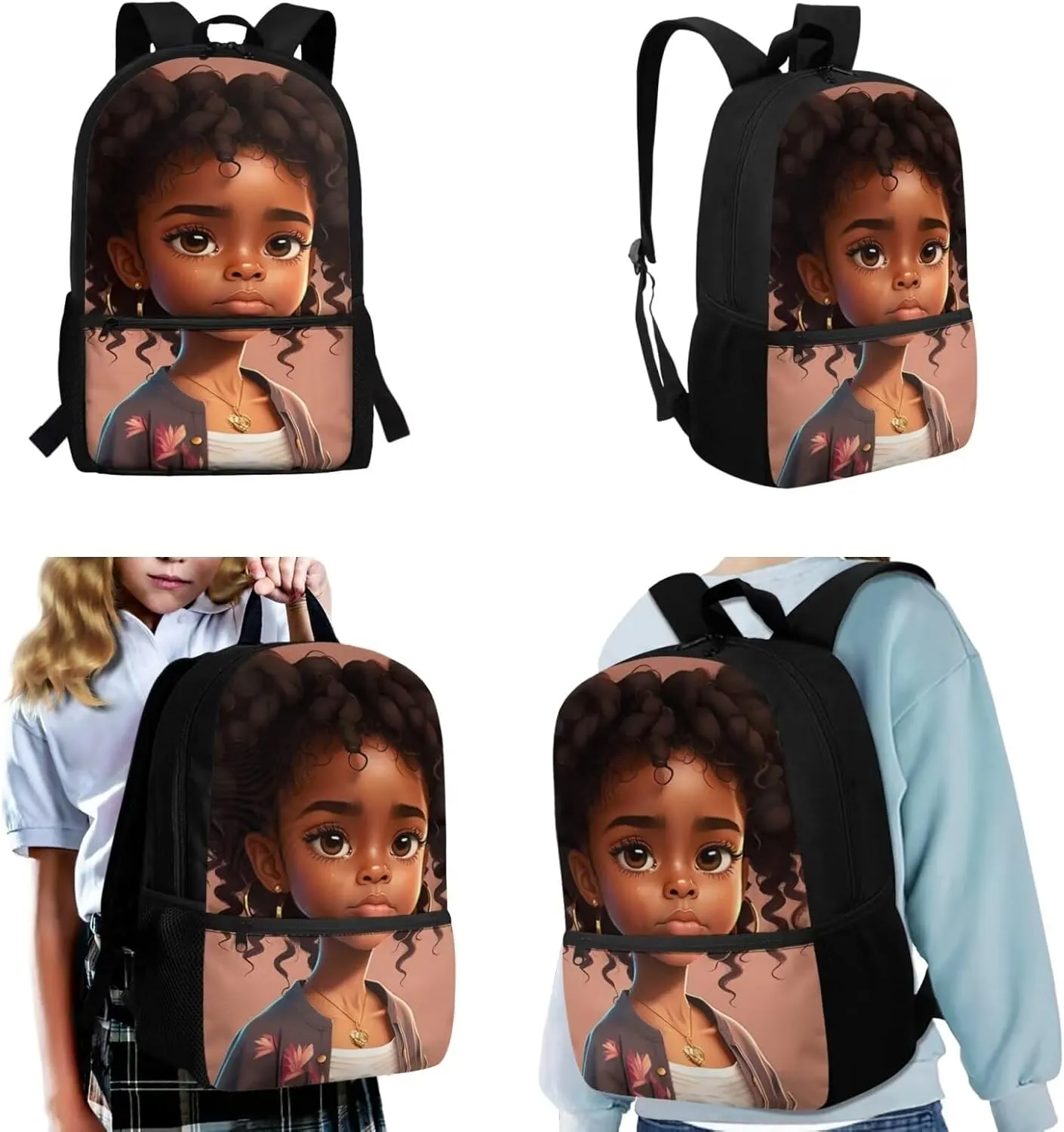 African Girl Kindergarten Backpack for Girls with Lunch Box and Pencil Case Water Bottle Holder Girls Bookbag School Backpack Set for Kindergarten Elementary School 4 In 1