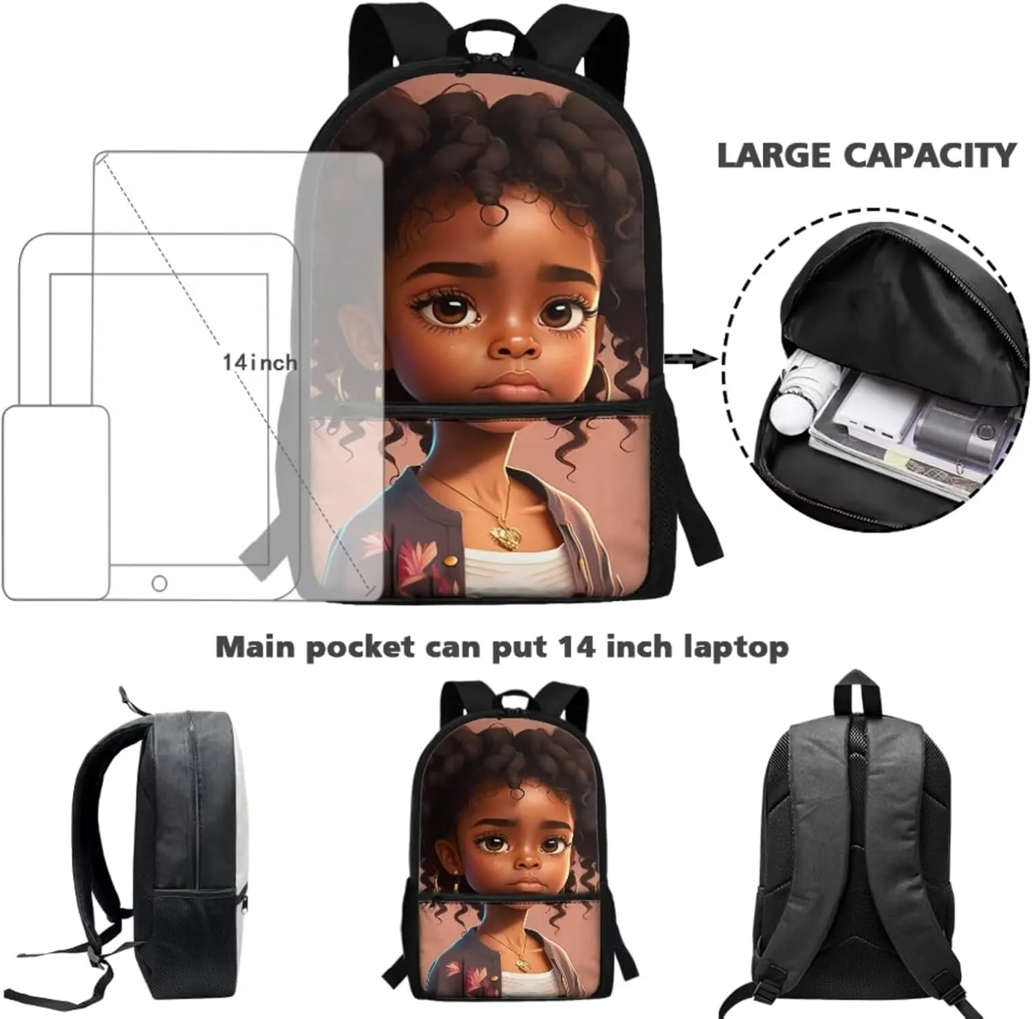 African Girl Kindergarten Backpack for Girls with Lunch Box and Pencil Case Water Bottle Holder Girls Bookbag School Backpack Set for Kindergarten Elementary School 4 In 1