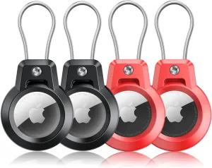 AirTag Holder, Airtags 4 Pack AirTag Keychain Holder with Wire Cable - Robust & 360° Protective fit Apple AirTag Holder for Luggage, Backpack, Keys, Ring Car Key Chain, Pets.-2 Black/2 Red