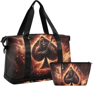 AIXIWAWA Fire Cards Skull Duffel Bag Set with Shoes Compartment Trolley Sleeve Removeable Strap for Workout Travel Gym