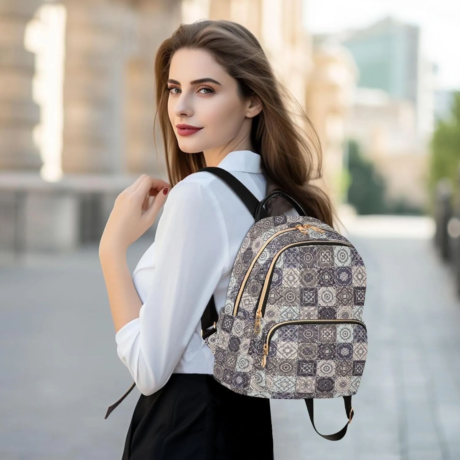 ALAZA Indian Patchwork Turkish Ornament Moroccan Tile Mosaic Women Backpack Purse Shoulder Bag