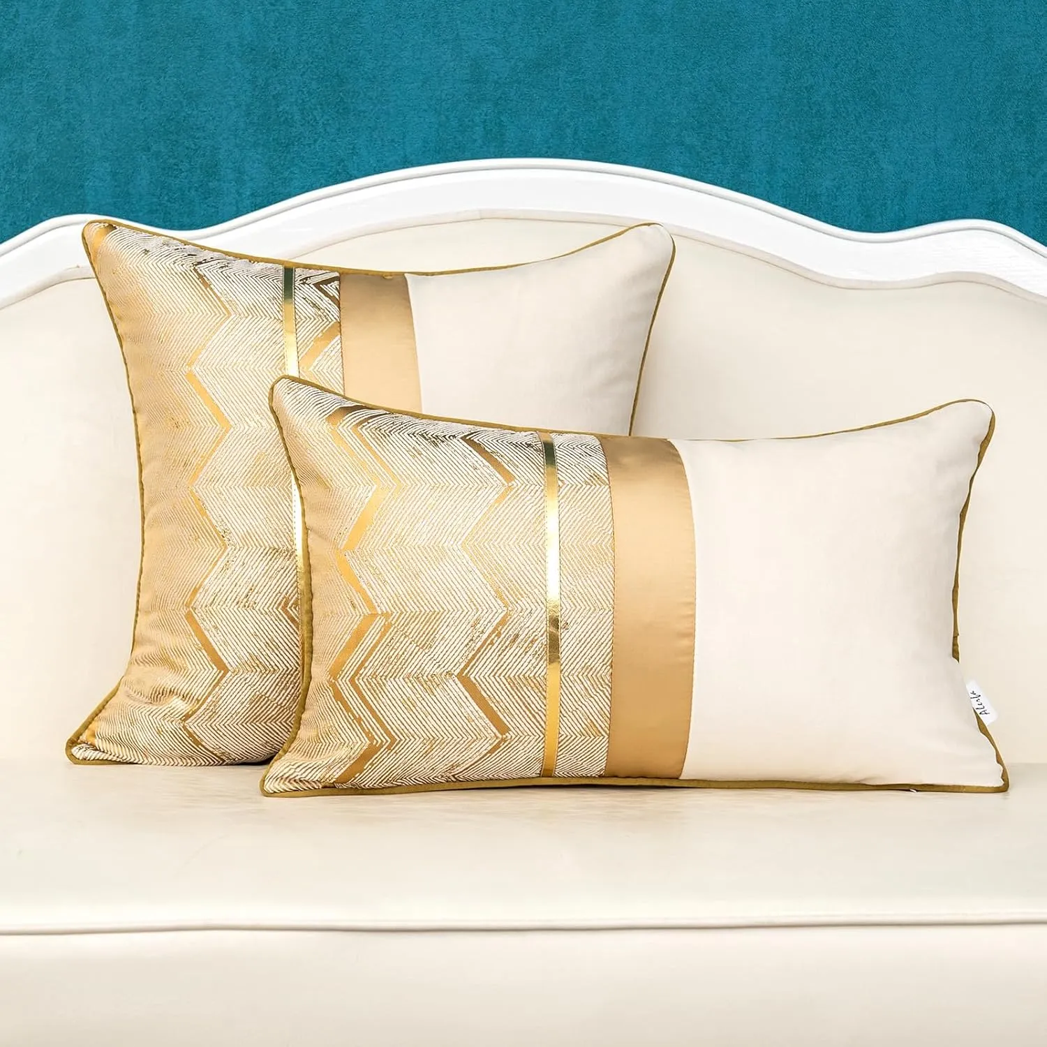 Alerfa 20 x 20 Inch Khaki White Geometric Striped Gold Leather Patchwork Velvet Cushion Case Luxury Modern Lumbar Throw Pillow Cover Decorative Pillow for Couch Sofa Living Room Bedroom Car