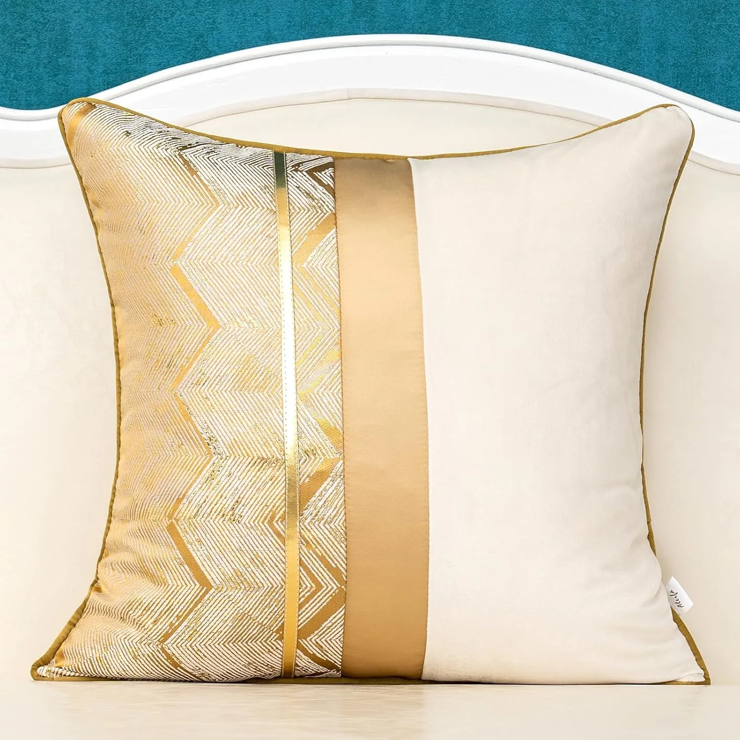 Alerfa 20 x 20 Inch Khaki White Geometric Striped Gold Leather Patchwork Velvet Cushion Case Luxury Modern Lumbar Throw Pillow Cover Decorative Pillow for Couch Sofa Living Room Bedroom Car