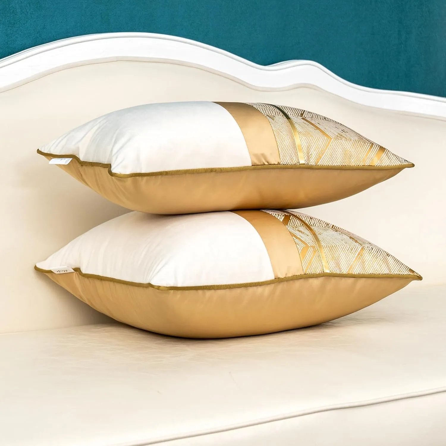 Alerfa 20 x 20 Inch Khaki White Geometric Striped Gold Leather Patchwork Velvet Cushion Case Luxury Modern Lumbar Throw Pillow Cover Decorative Pillow for Couch Sofa Living Room Bedroom Car