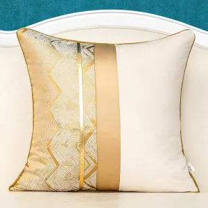 Alerfa 20 x 20 Inch Khaki White Geometric Striped Gold Leather Patchwork Velvet Cushion Case Luxury Modern Lumbar Throw Pillow Cover Decorative Pillow for Couch Sofa Living Room Bedroom Car