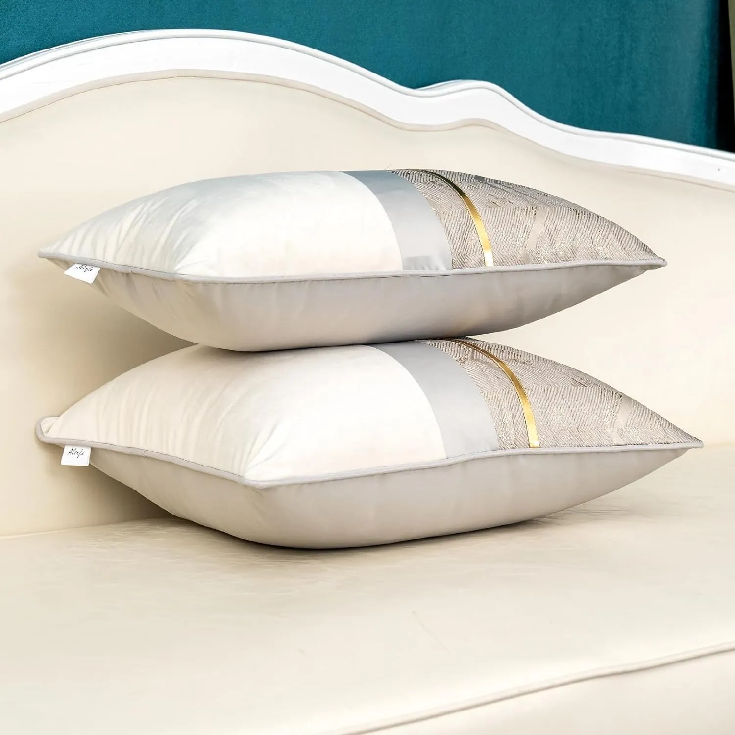 Alerfa 20 x 20 Inch Silver Gray White Geometric Striped Gold Leather Patchwork Velvet Cushion Case Luxury Modern Lumbar Throw Pillow Cover Decorative Pillow for Couch Sofa Living Room Bedroom Car