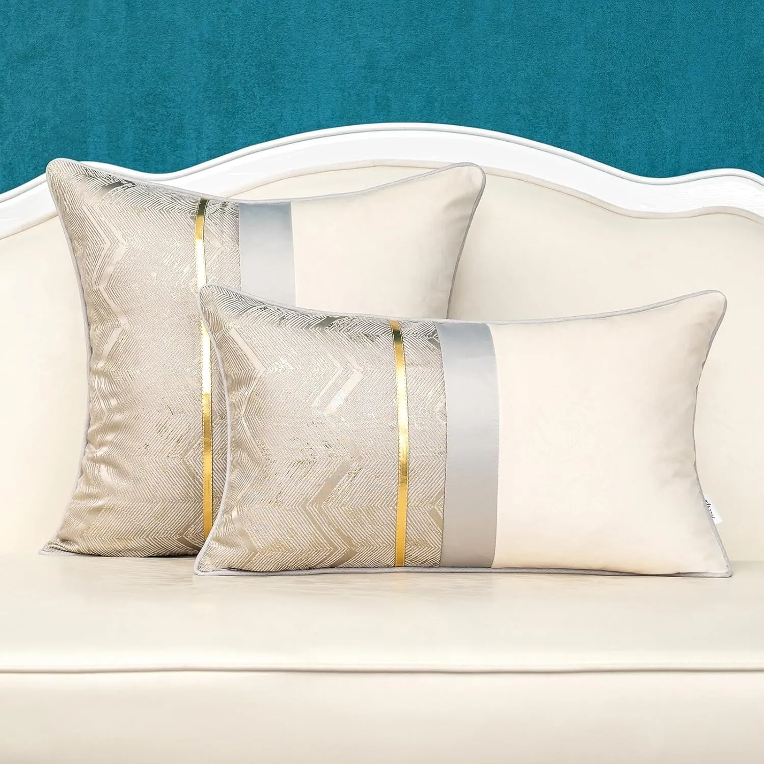 Alerfa 20 x 20 Inch Silver Gray White Geometric Striped Gold Leather Patchwork Velvet Cushion Case Luxury Modern Lumbar Throw Pillow Cover Decorative Pillow for Couch Sofa Living Room Bedroom Car