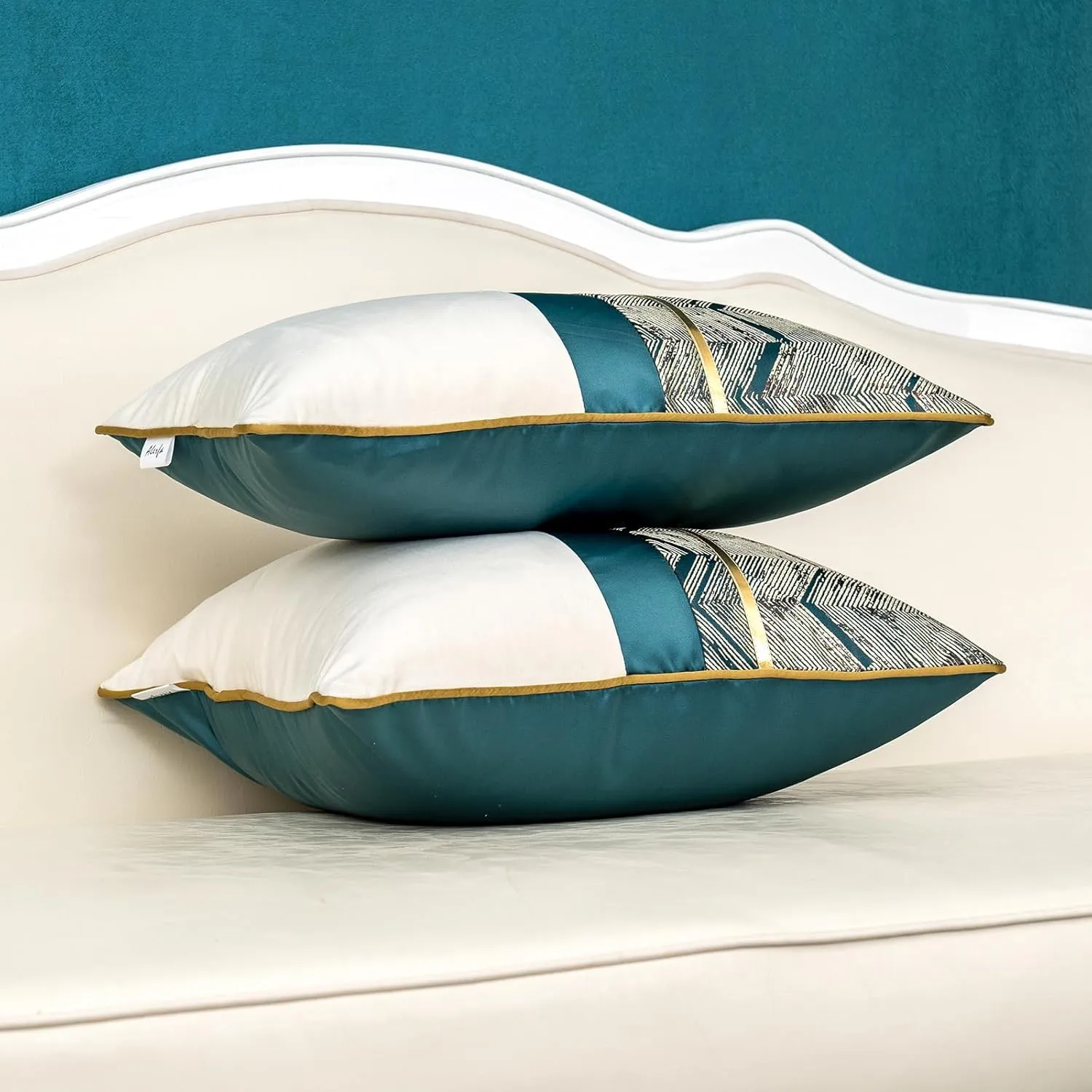 Alerfa 20 x 20 Inch Teal White Geometric Striped Gold Leather Patchwork Velvet Cushion Case Luxury Modern Lumbar Throw Pillow Cover Decorative Pillow for Couch Sofa Living Room Bedroom Car