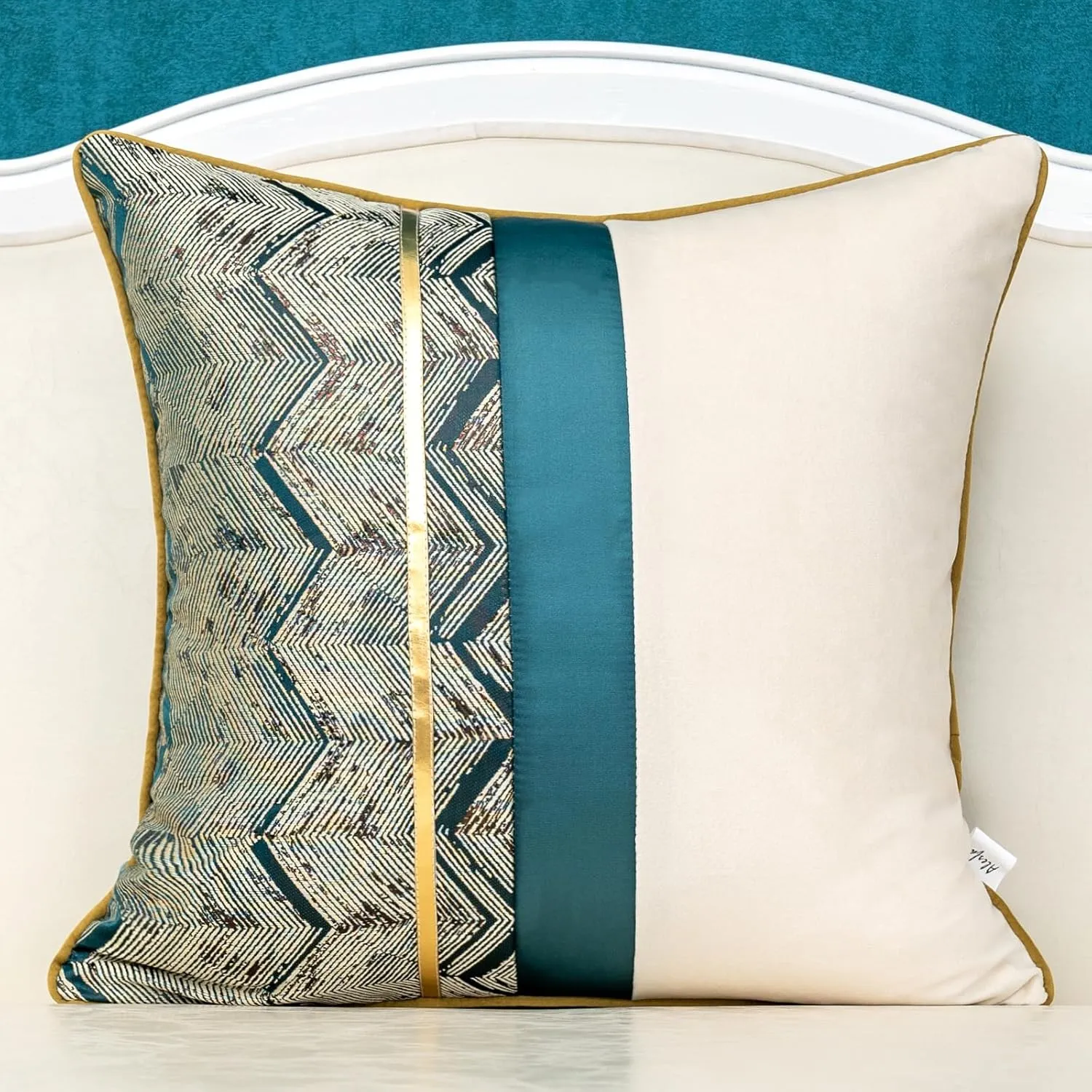 Alerfa 20 x 20 Inch Teal White Geometric Striped Gold Leather Patchwork Velvet Cushion Case Luxury Modern Lumbar Throw Pillow Cover Decorative Pillow for Couch Sofa Living Room Bedroom Car