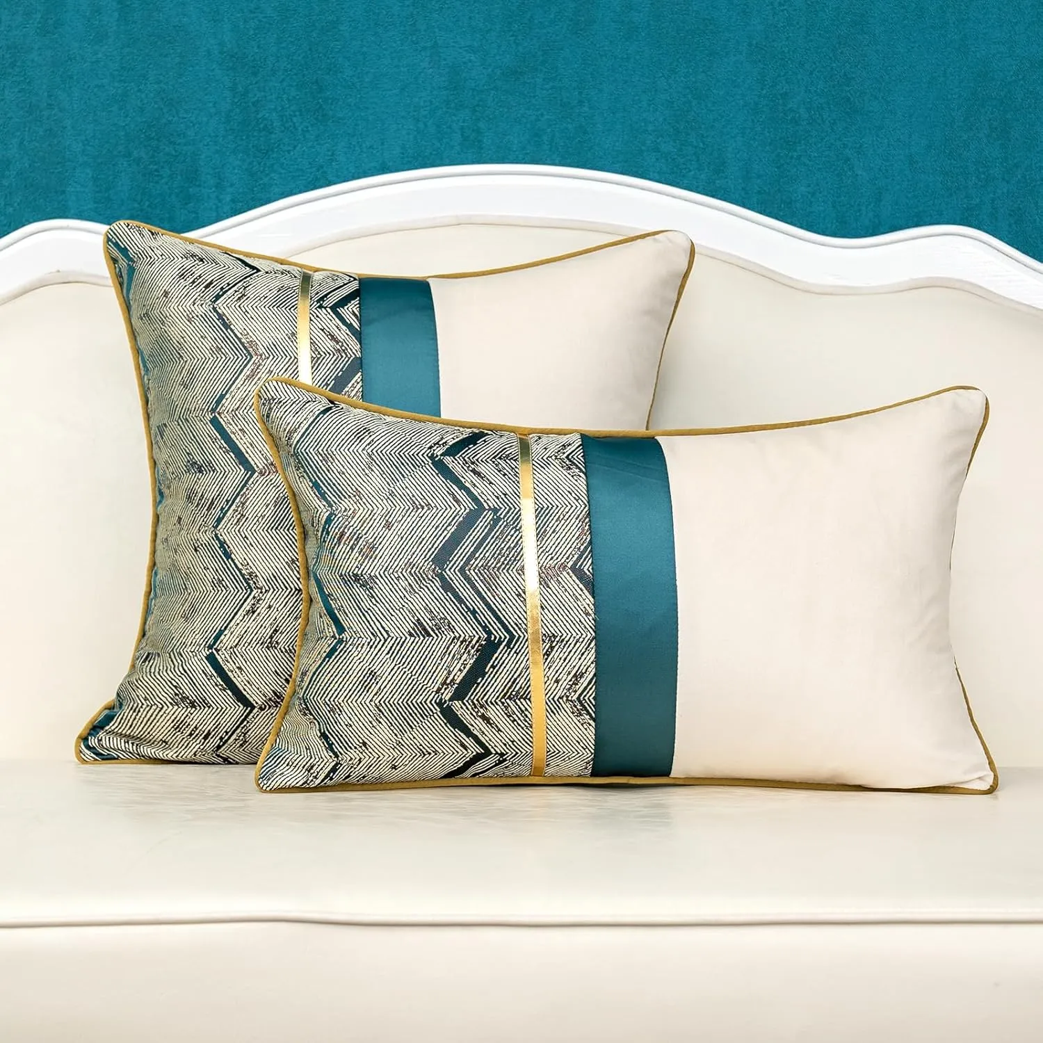 Alerfa 20 x 20 Inch Teal White Geometric Striped Gold Leather Patchwork Velvet Cushion Case Luxury Modern Lumbar Throw Pillow Cover Decorative Pillow for Couch Sofa Living Room Bedroom Car