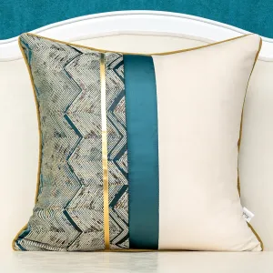 Alerfa 20 x 20 Inch Teal White Geometric Striped Gold Leather Patchwork Velvet Cushion Case Luxury Modern Lumbar Throw Pillow Cover Decorative Pillow for Couch Sofa Living Room Bedroom Car