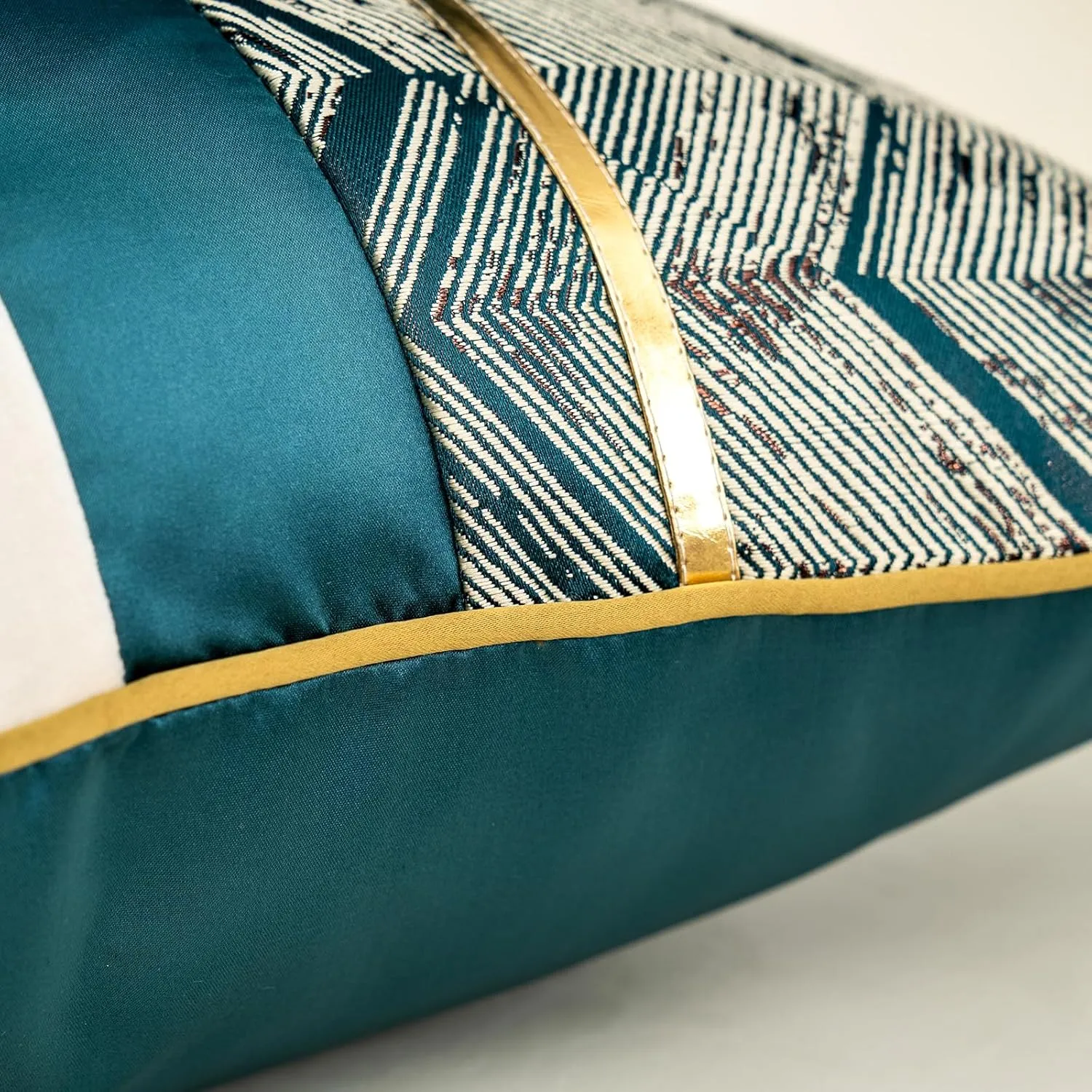Alerfa 20 x 20 Inch Teal White Geometric Striped Gold Leather Patchwork Velvet Cushion Case Luxury Modern Lumbar Throw Pillow Cover Decorative Pillow for Couch Sofa Living Room Bedroom Car