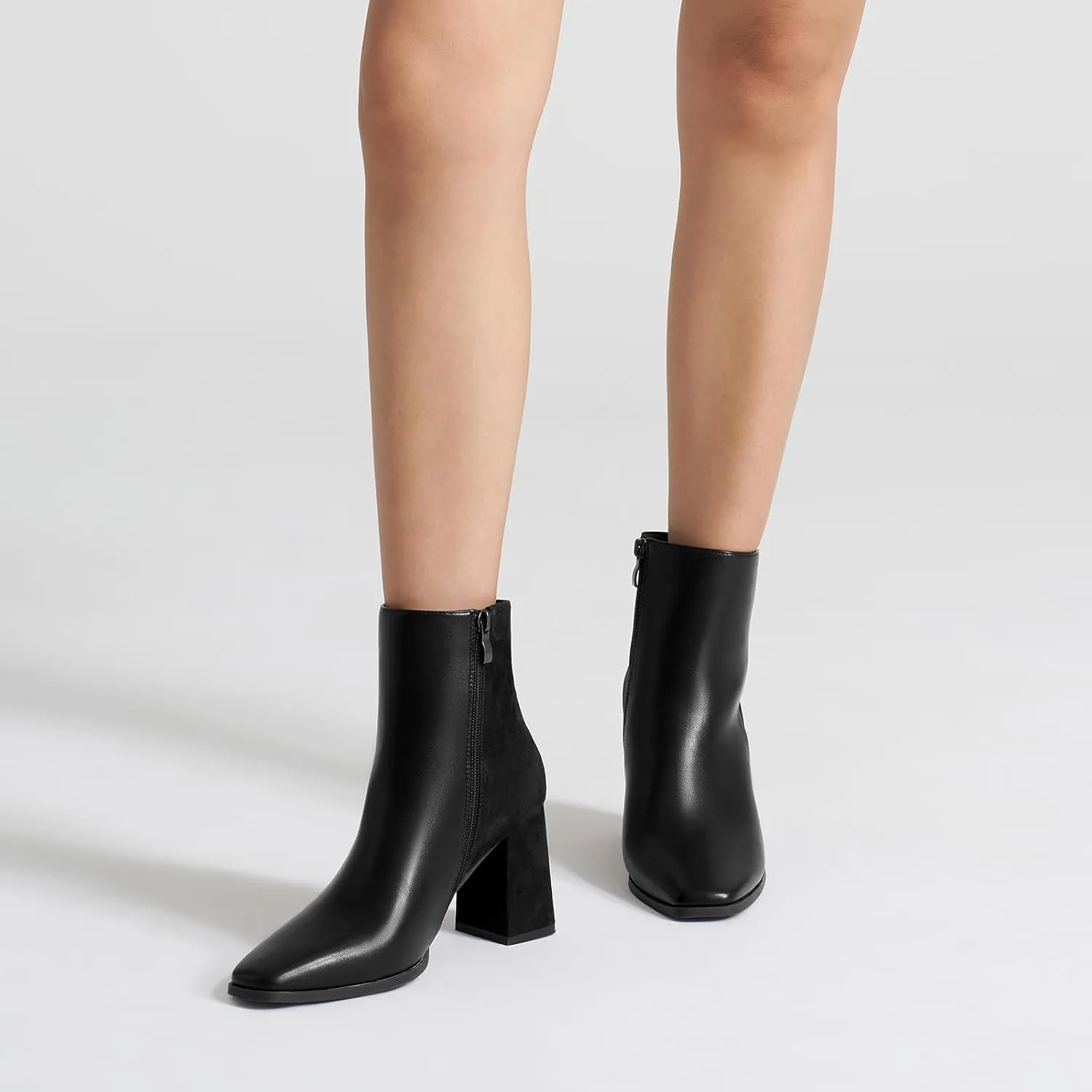 ALICEPUB Women's Ankle Boots Chunky Heel Booties Leather & Suede Dress Booties Square Toe Boots with Side Zipper