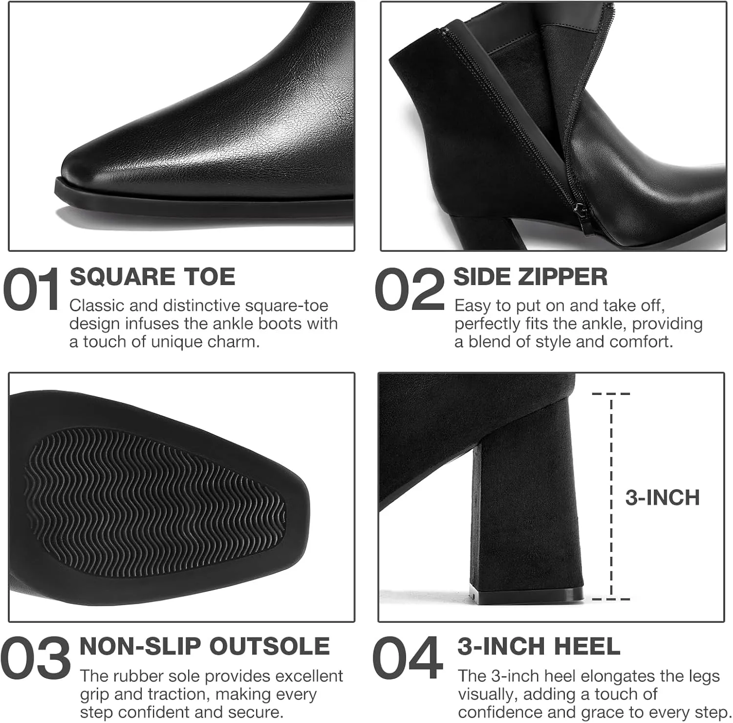 ALICEPUB Women's Ankle Boots Chunky Heel Booties Leather & Suede Dress Booties Square Toe Boots with Side Zipper