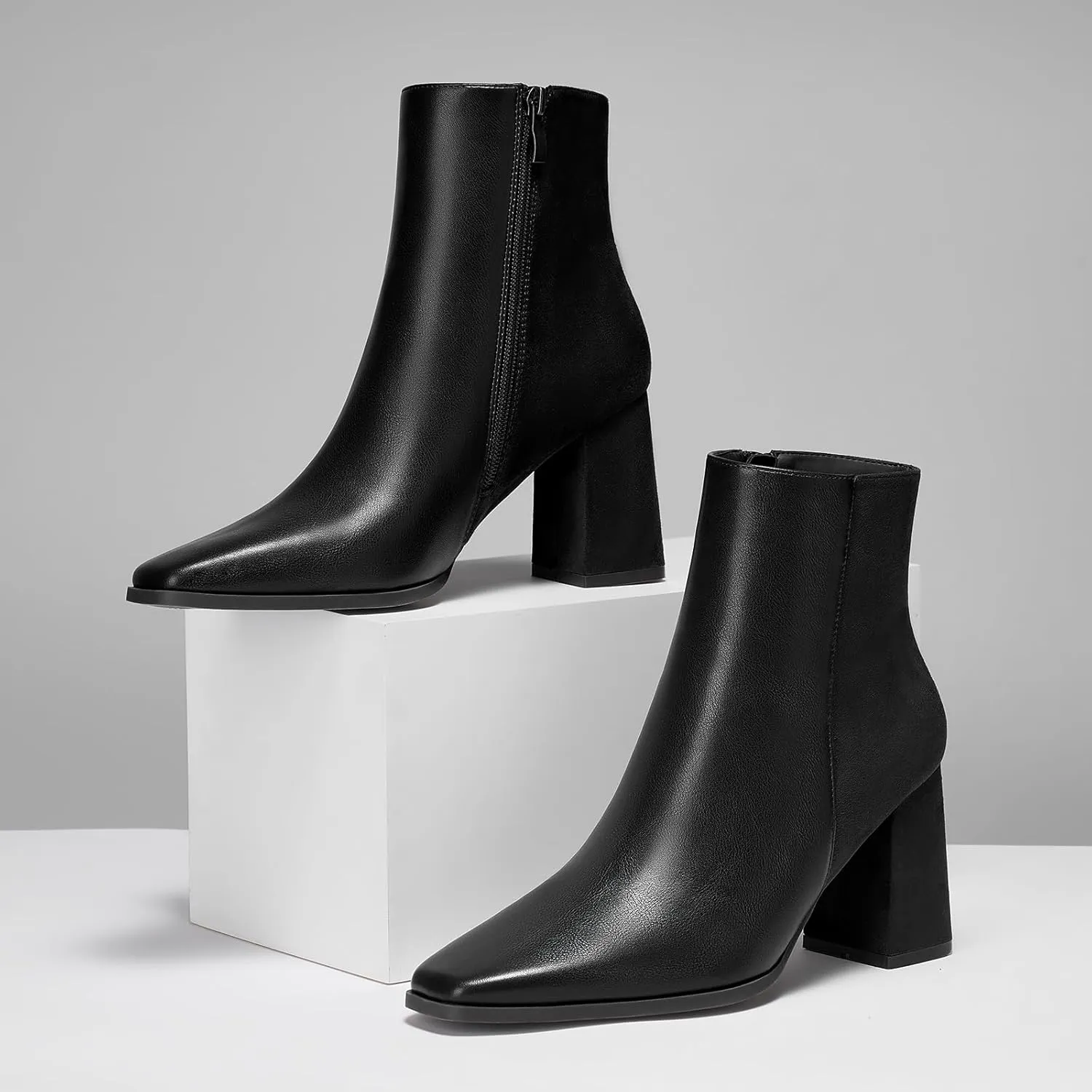 ALICEPUB Women's Ankle Boots Chunky Heel Booties Leather & Suede Dress Booties Square Toe Boots with Side Zipper