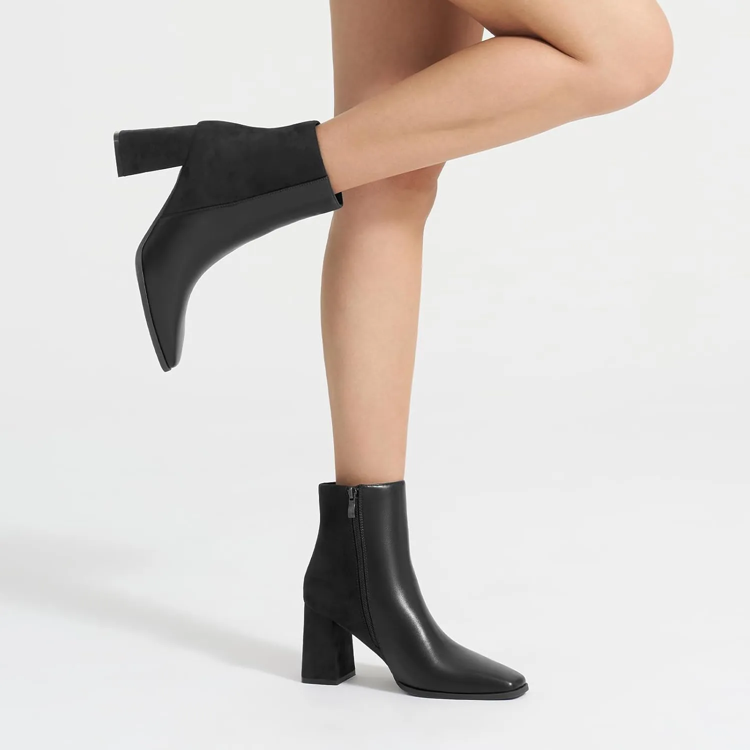 ALICEPUB Women's Ankle Boots Chunky Heel Booties Leather & Suede Dress Booties Square Toe Boots with Side Zipper