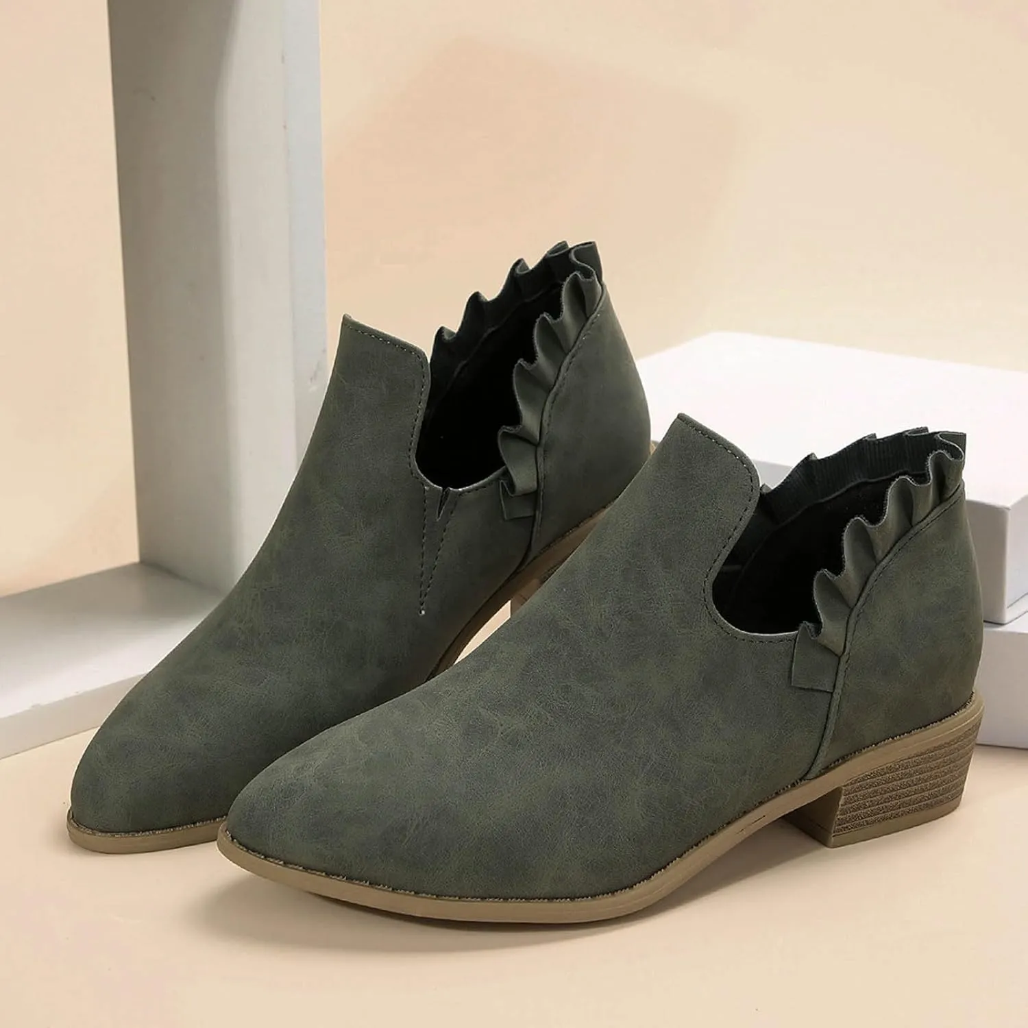 AMDBEL Fall Boots for Women 2024 Ankle Booties Low Heel Short Boots V Cut Chelsea Boots Pointd Toe Fall Winter Dressy Shoes