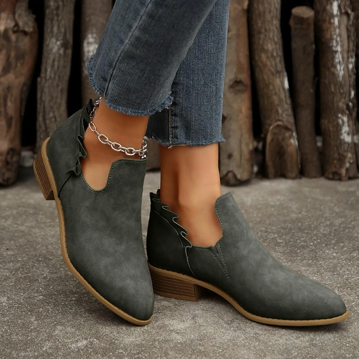 AMDBEL Fall Boots for Women 2024 Ankle Booties Low Heel Short Boots V Cut Chelsea Boots Pointd Toe Fall Winter Dressy Shoes