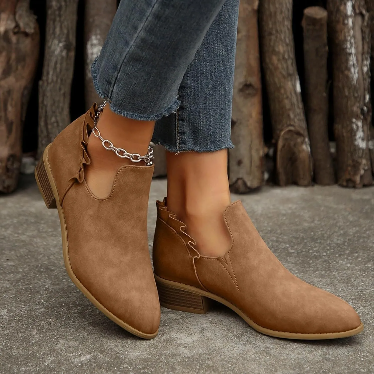 AMDBEL Winter Boots for Women 2024 Ankle Booties Low Heel Short Boots V Cut Chelsea Boots Pointd Toe Fall Winter Dressy Shoes