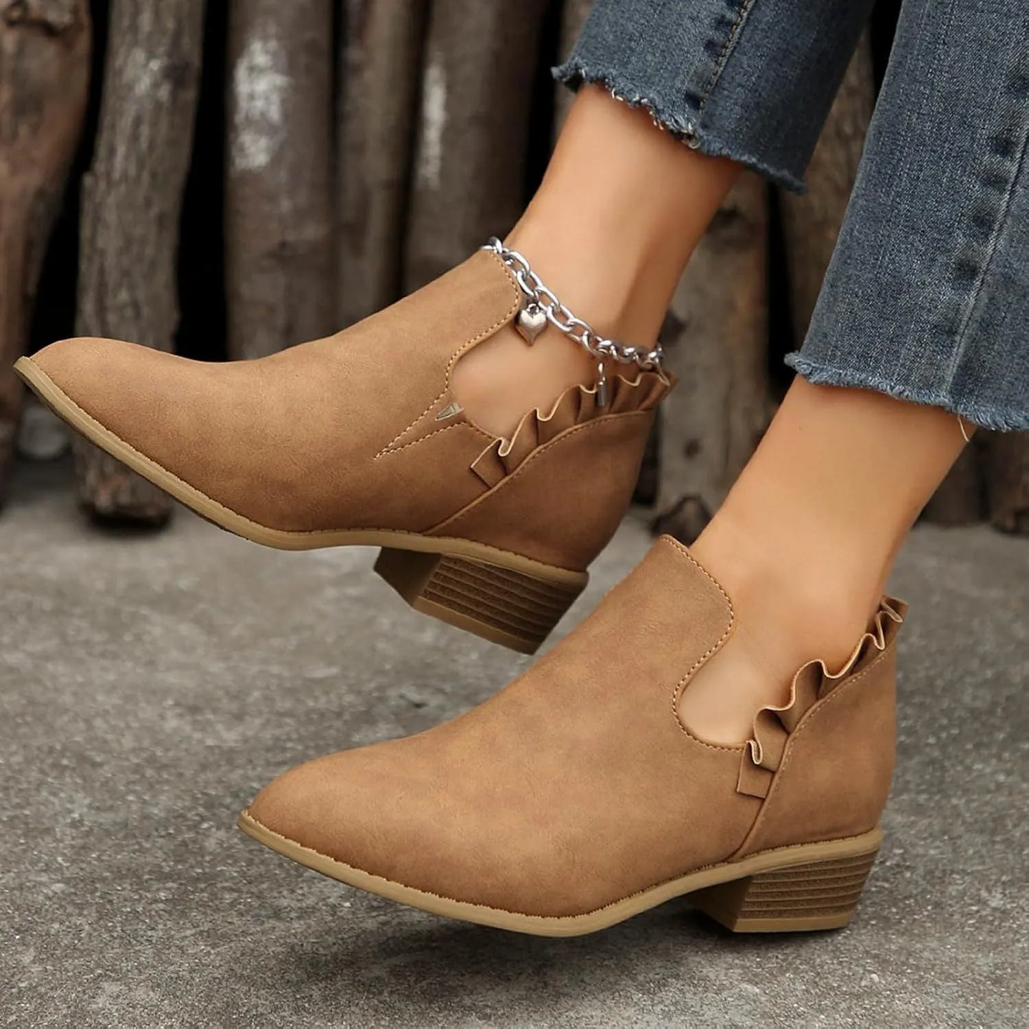 AMDBEL Winter Boots for Women 2024 Ankle Booties Low Heel Short Boots V Cut Chelsea Boots Pointd Toe Fall Winter Dressy Shoes