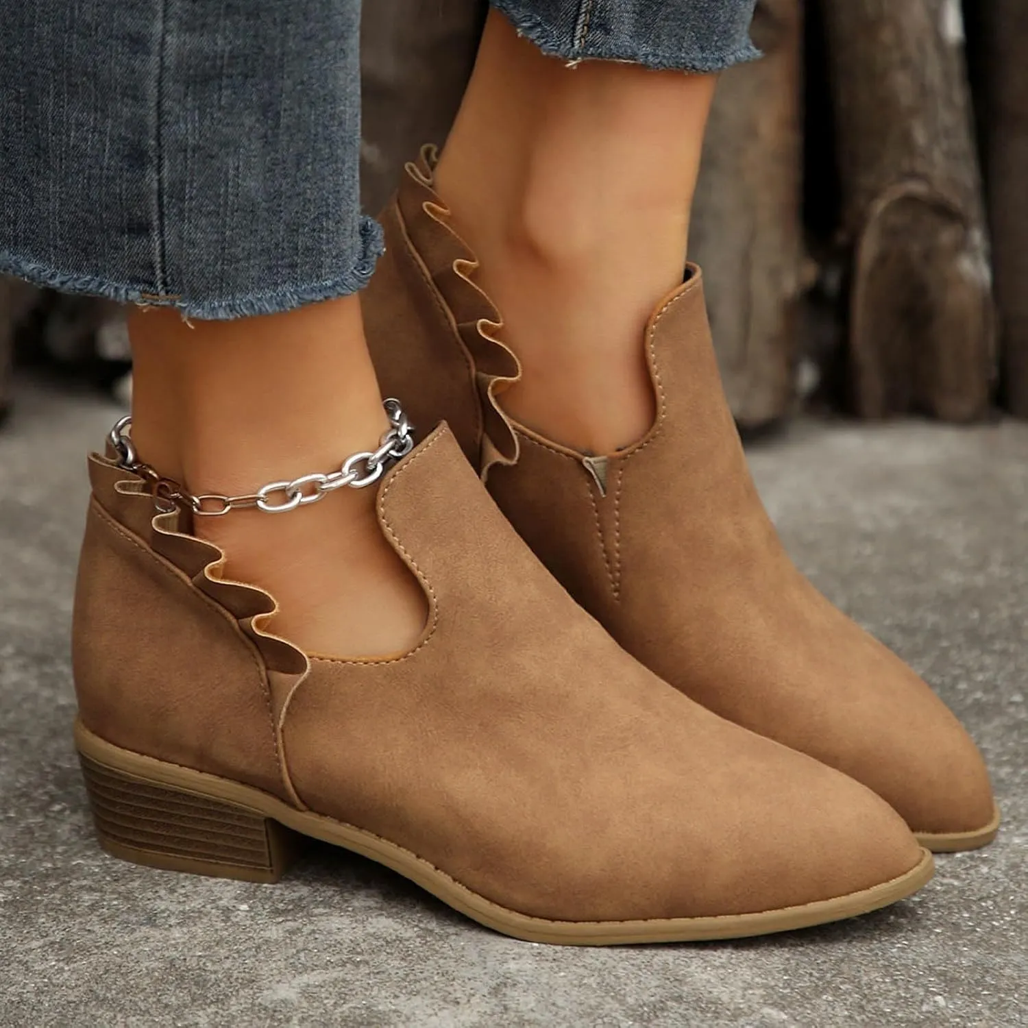 AMDBEL Winter Boots for Women 2024 Ankle Booties Low Heel Short Boots V Cut Chelsea Boots Pointd Toe Fall Winter Dressy Shoes