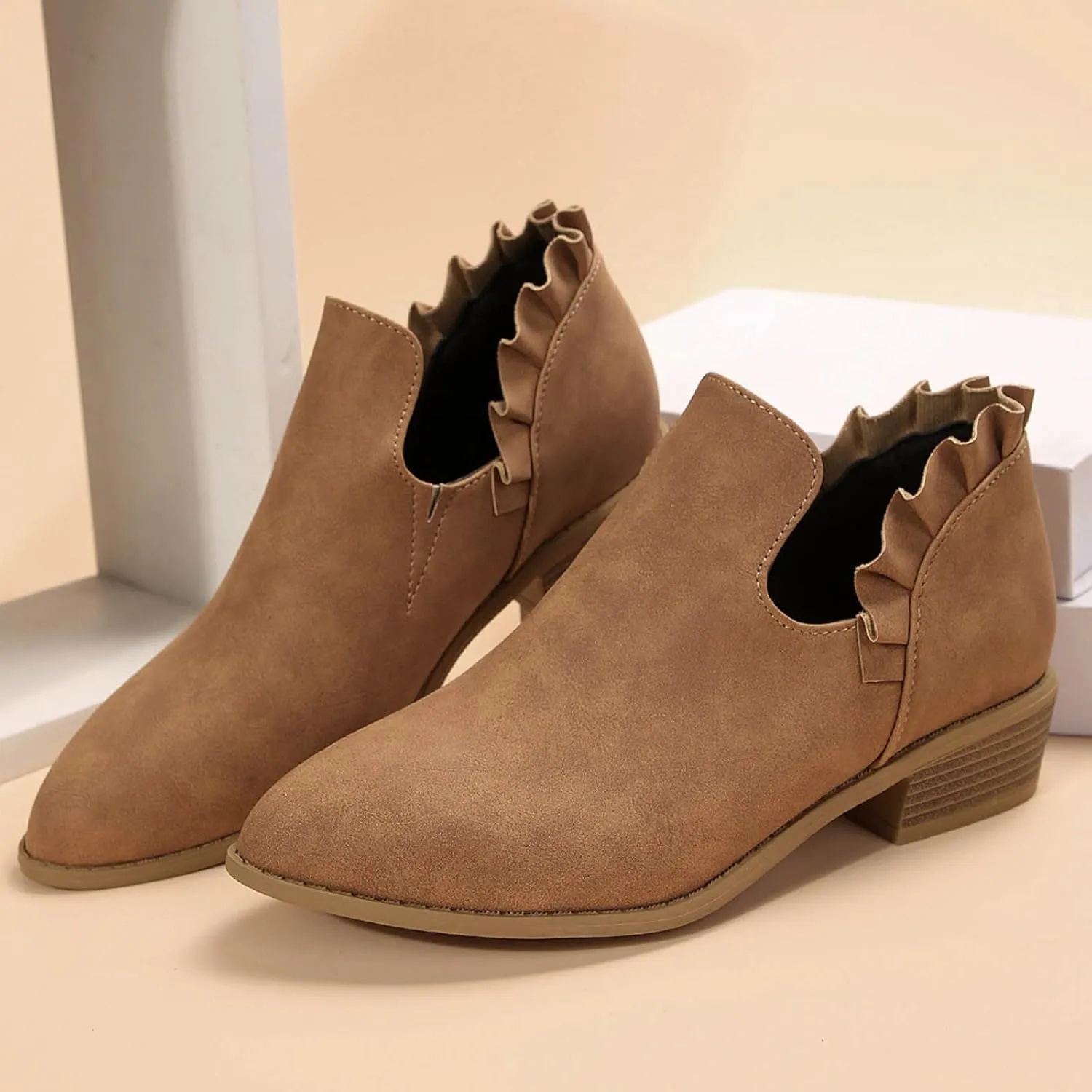 AMDBEL Winter Boots for Women 2024 Ankle Booties Low Heel Short Boots V Cut Chelsea Boots Pointd Toe Fall Winter Dressy Shoes