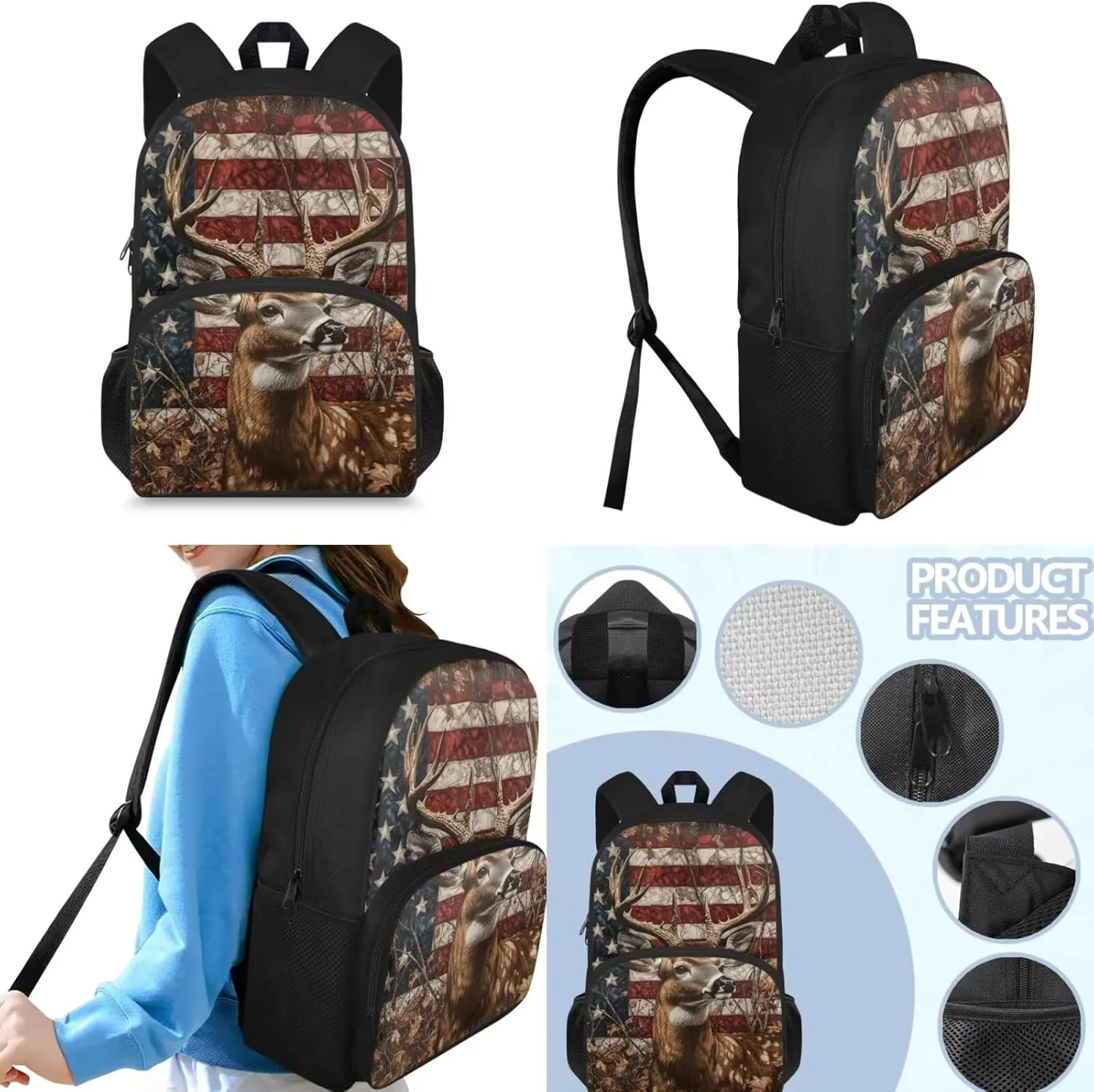 American Falg Deer Backpack with Lunch Box Kids Girls 3-4/5-6/6-8 Camo Preschool Bookbag and Lunch Bag Set Hunting Elementary School Back Pack July 4th Book Bags Lunchbox Pencil Case 3 in 1