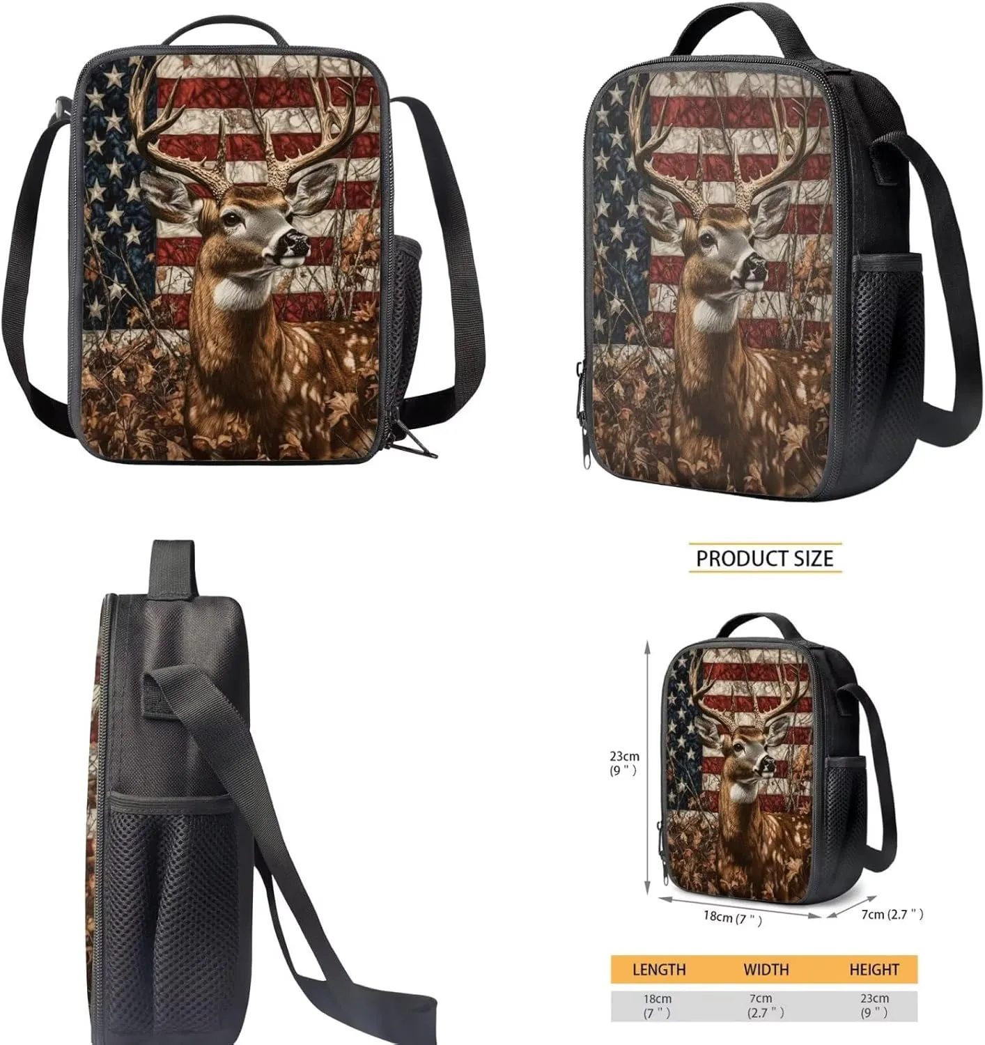 American Falg Deer Backpack with Lunch Box Kids Girls 3-4/5-6/6-8 Camo Preschool Bookbag and Lunch Bag Set Hunting Elementary School Back Pack July 4th Book Bags Lunchbox Pencil Case 3 in 1