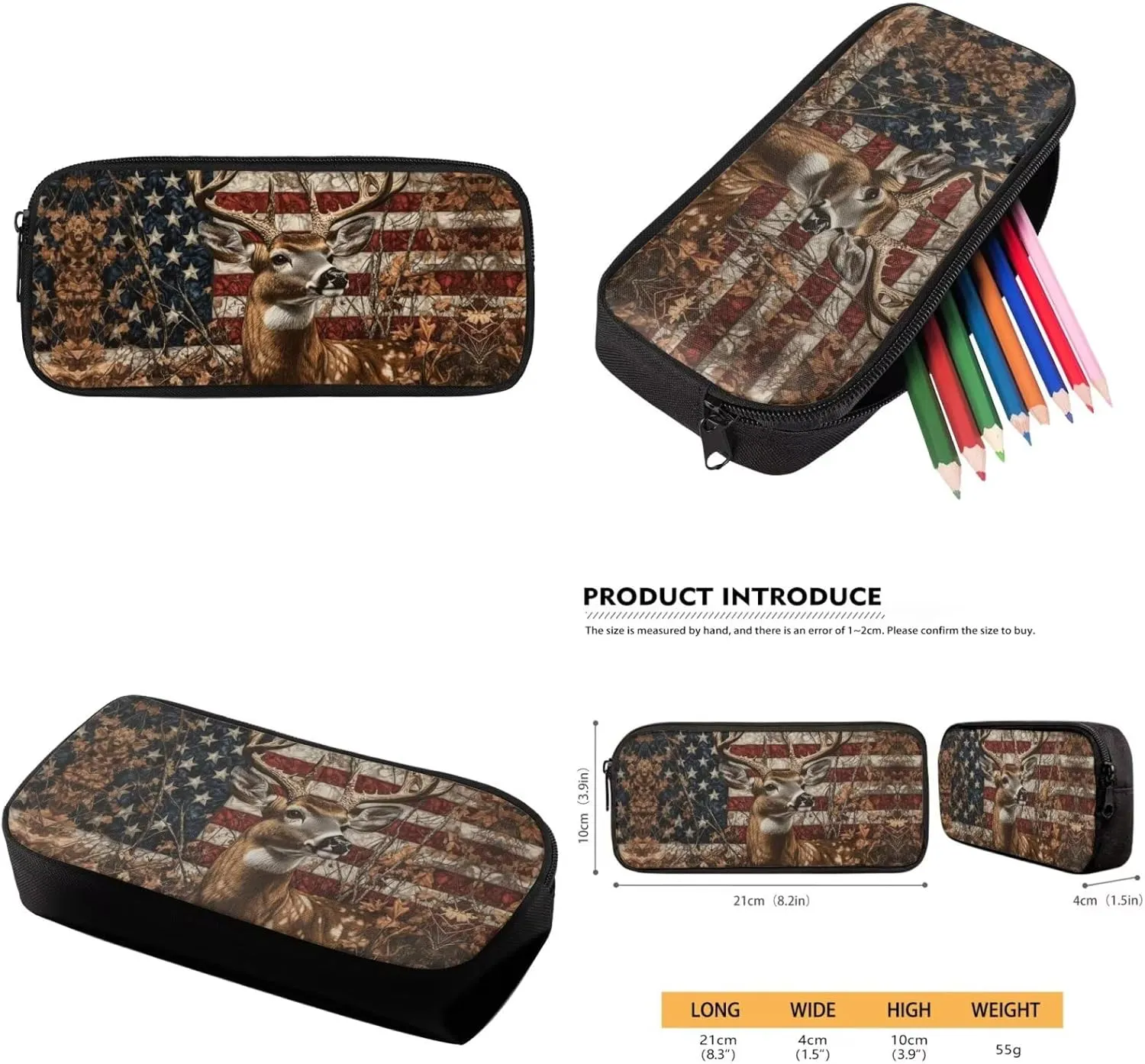 American Falg Deer Backpack with Lunch Box Kids Girls 3-4/5-6/6-8 Camo Preschool Bookbag and Lunch Bag Set Hunting Elementary School Back Pack July 4th Book Bags Lunchbox Pencil Case 3 in 1