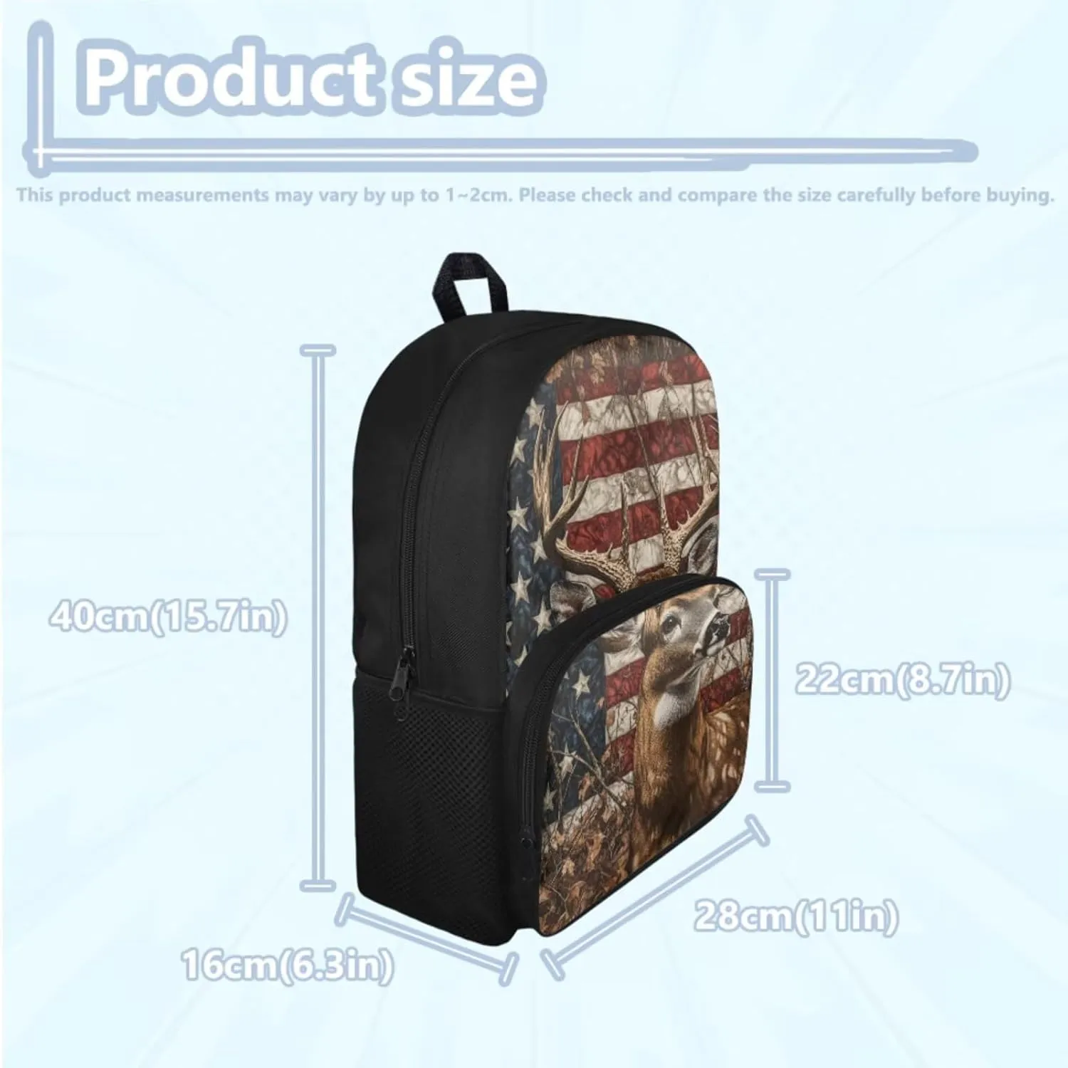 American Falg Deer Backpack with Lunch Box Kids Girls 3-4/5-6/6-8 Camo Preschool Bookbag and Lunch Bag Set Hunting Elementary School Back Pack July 4th Book Bags Lunchbox Pencil Case 3 in 1