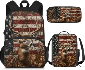 American Falg Deer Backpack with Lunch Box Kids Girls 3-4/5-6/6-8 Camo Preschool Bookbag and Lunch Bag Set Hunting Elementary School Back Pack July 4th Book Bags Lunchbox Pencil Case 3 in 1