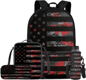 American Flag Camo Backpack for Boys Kids Backpack with Lunch Box Water Bottle Carrier and Large Pencil Case 4PCS Set Bookbag with Front Pocket for School Teens 17 inch Lightweight School Bag