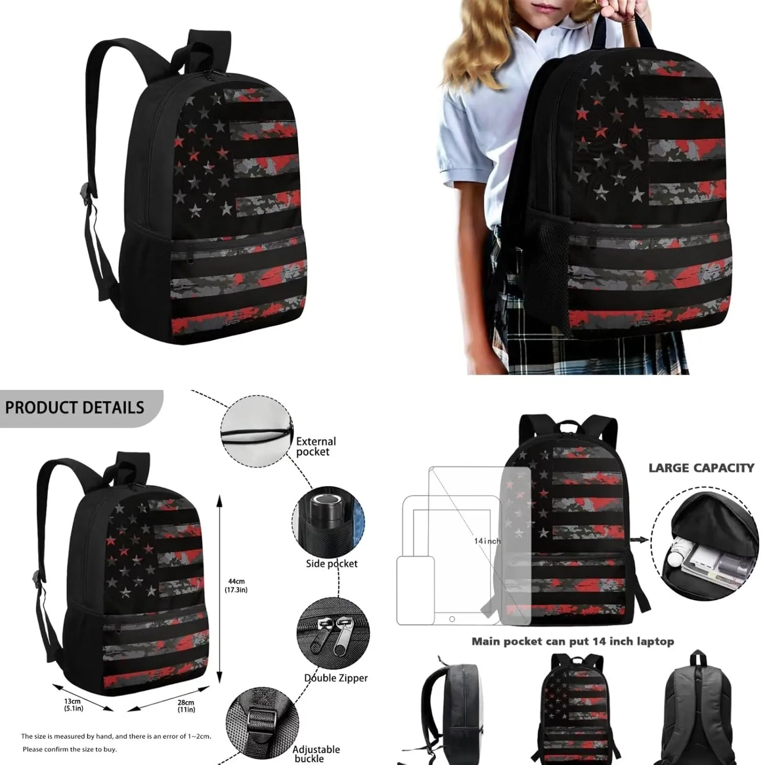 American Flag Camo Backpack for Boys Kids Backpack with Lunch Box Water Bottle Carrier and Large Pencil Case 4PCS Set Bookbag with Front Pocket for School Teens 17 inch Lightweight School Bag