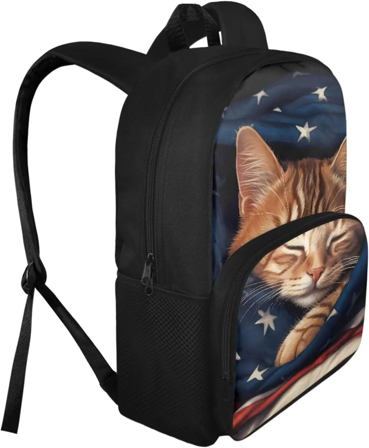 American Flag Cat Backpack for Girls Kids Backpack with Lunch Box and Pencil Case Pouch 3Pcs Set 15" Lightweight Bookbag with Front Pocket for School Large Capacity Kindergarten School Bag