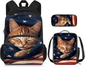American Flag Cat Backpack for Girls Kids Backpack with Lunch Box and Pencil Case Pouch 3Pcs Set 15" Lightweight Bookbag with Front Pocket for School Large Capacity Kindergarten School Bag