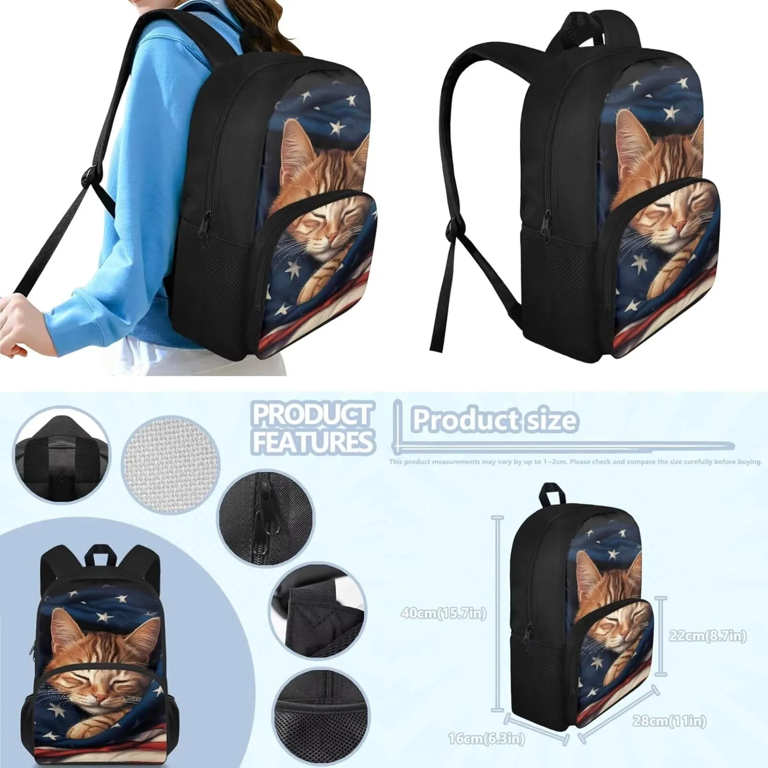 American Flag Cat Backpack for Girls Kids Backpack with Lunch Box and Pencil Case Pouch 3Pcs Set 15" Lightweight Bookbag with Front Pocket for School Large Capacity Kindergarten School Bag