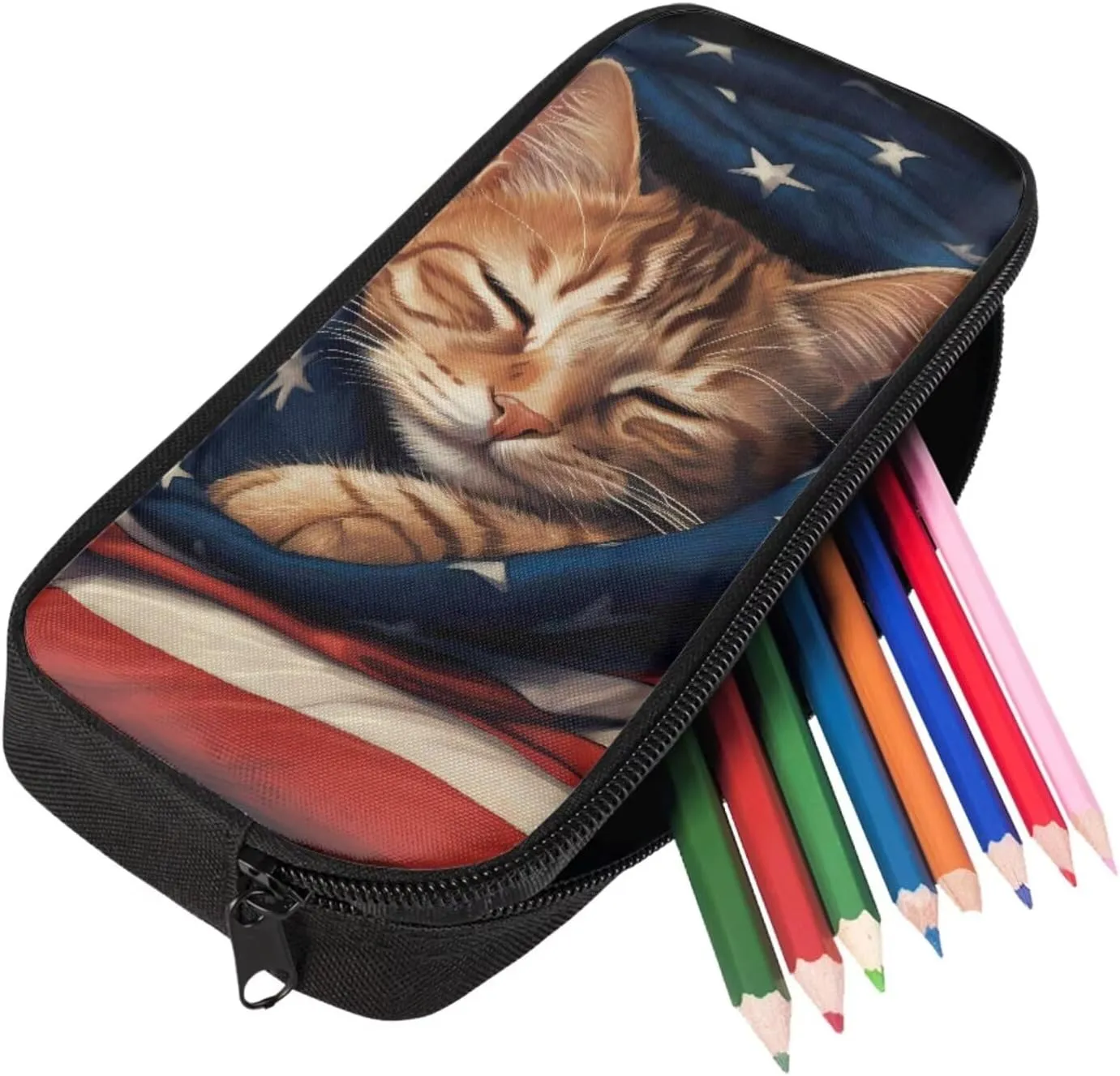 American Flag Cat Backpack for Girls Kids Backpack with Lunch Box and Pencil Case Pouch 3Pcs Set 15" Lightweight Bookbag with Front Pocket for School Large Capacity Kindergarten School Bag