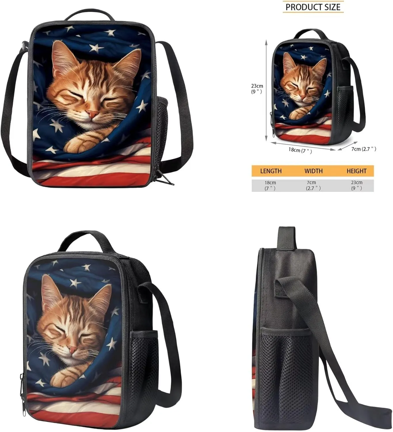 American Flag Cat Backpack for Girls Kids Backpack with Lunch Box and Pencil Case Pouch 3Pcs Set 15" Lightweight Bookbag with Front Pocket for School Large Capacity Kindergarten School Bag