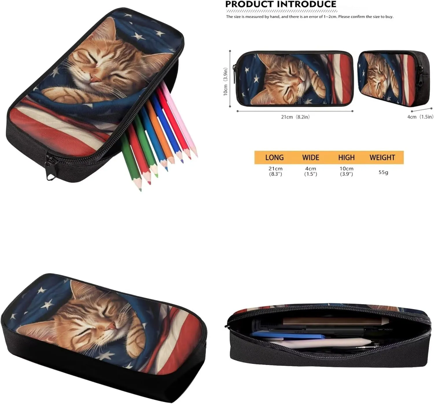 American Flag Cat Backpack for Girls Kids Backpack with Lunch Box and Pencil Case Pouch 3Pcs Set 15" Lightweight Bookbag with Front Pocket for School Large Capacity Kindergarten School Bag